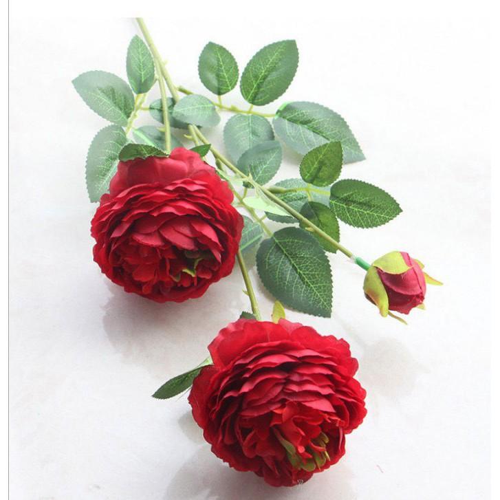 Hoa Hồng Hoa Mẫu đơn giả 1 cành 2 bông 1 nụ hoa lụa nhân tạo