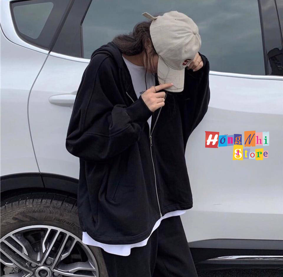 Áo Hoodie Zip Unisex Black - Khoác Hoodie Dây Kéo Dáng Rộng Màu Đen - MM