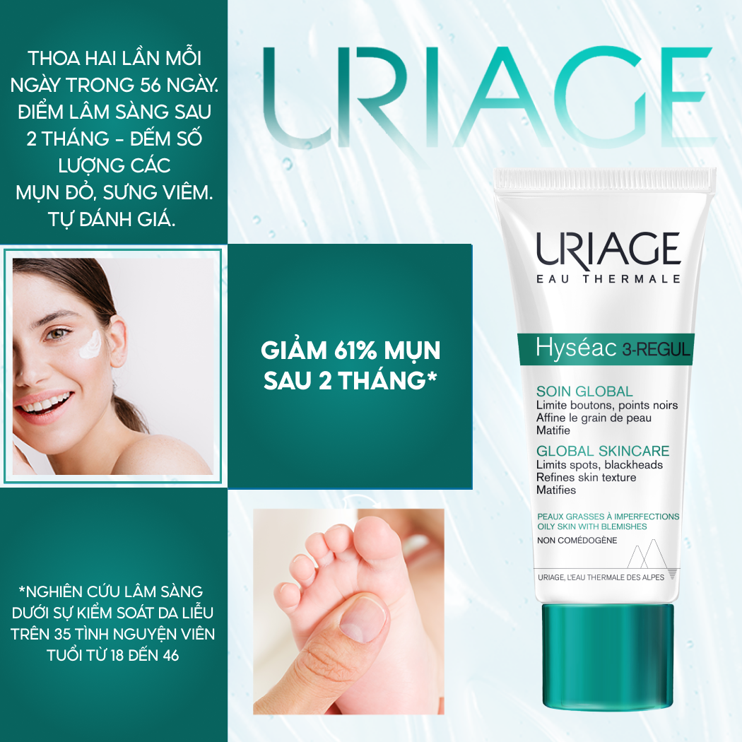 Kem ngăn ngừa mụn trứng cá hỗn hợp không màu URIAGE HYSÉAC 3REGUL SOIN GLOBAL 40ml