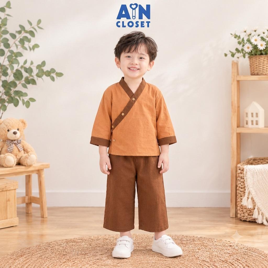 Bộ quần áo Dài bé trai họa tiết Tiều Phu Nâu Đũi - AICDBGVXANSB - AIN Closet