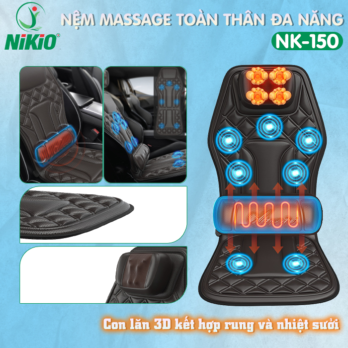 Nệm (đệm) massage ô tô cao cấp Nikio NK-150 - Con lăn 3D xoa bóp cổ vai gáy, kết hợp nhiệt nóng sưởi ấm lưng, cổ và rung toàn thân tạo cảm giác thư giản, túi khí nâng đỡ cột sống lưng