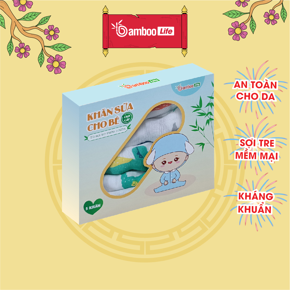 Set 5 khăn sữa sợi tre Bamboo Life cho bé kích thước 30x30 cm mềm mịn thấm hút kháng khuẩn an toàn cho bé sơ sinh
