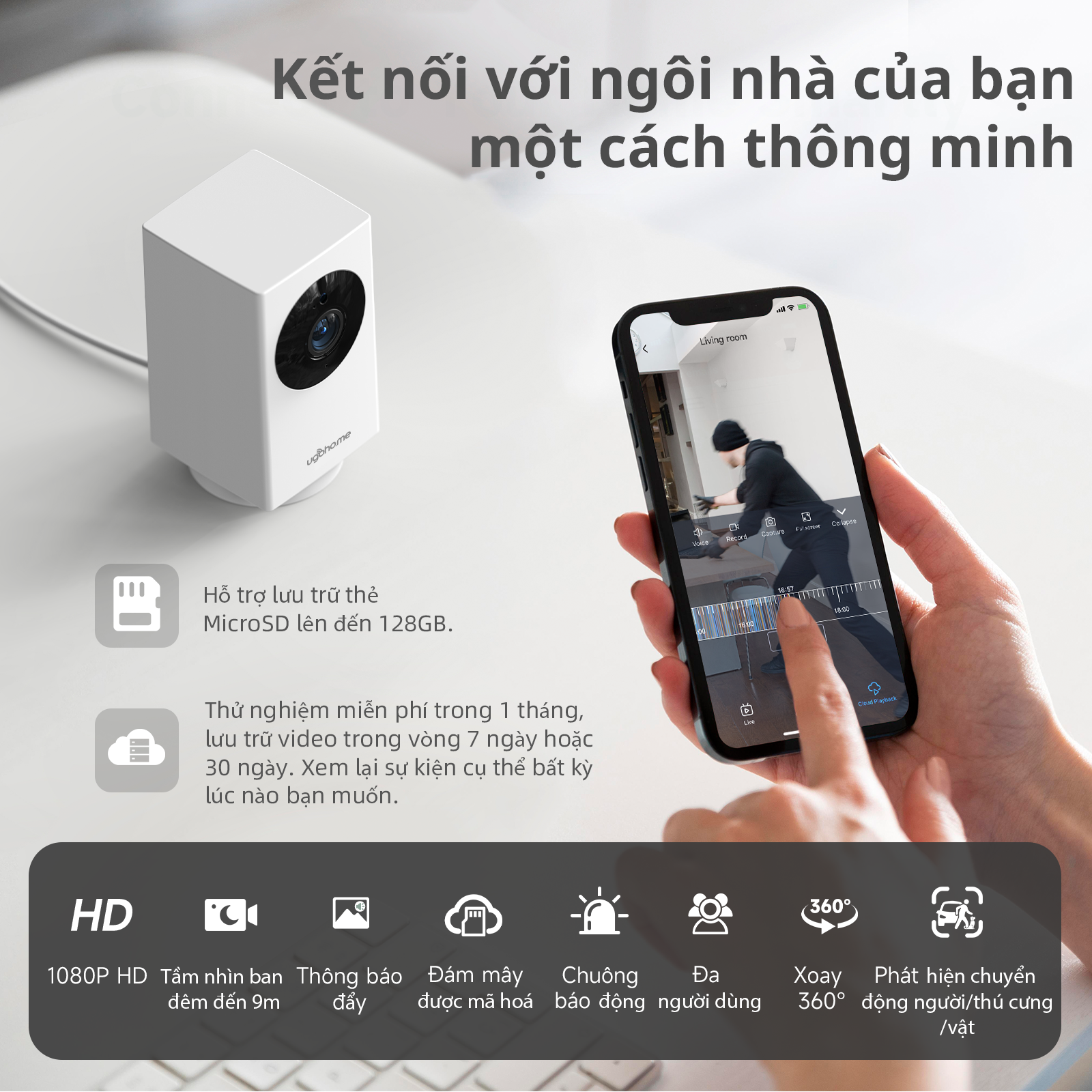 Camera Ugoho.me 1080p, sử dụng Wifi, xoay 360 độ