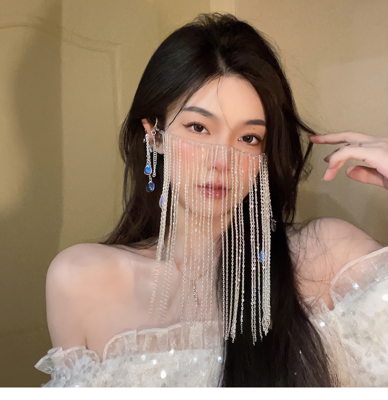 Mạng che mặt cổ trang tua rua trang trí đính hạt cườm lấp lánh, mặt nạ cổ trang cosplay