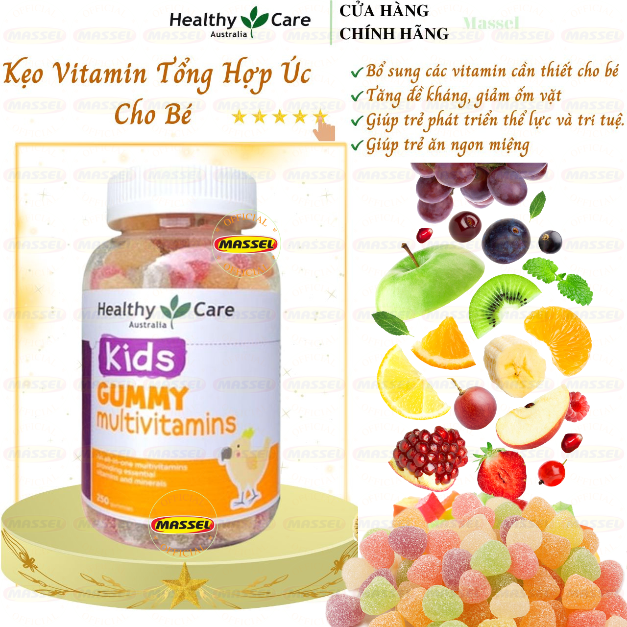 Vitamin tổng hợp cho trẻ Úc Healthy Care Kids Gummy Multivitamin bổ sung dinh dưỡng giúp tăng sức đề kháng, ăn ngon, ngủ ngon - Massel Official