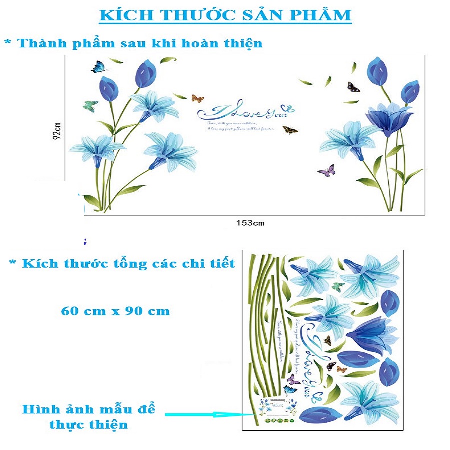 Decal dán tường hoa xanh dương tươi mát không gian phòng sang trọng