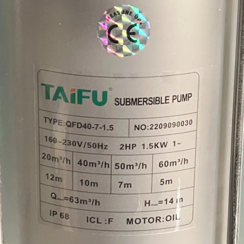 Máy bơm chìm lưu lượng 1.5Kw (2HP) Thân INOX 304 TAIFU QFD40-7-1.5 - Bảo hành 1 năm