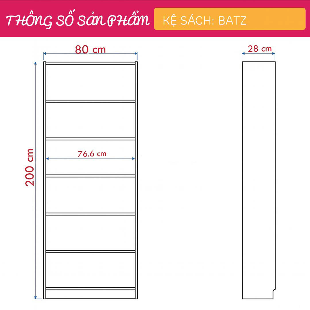 Kệ sách, kệ trang trí gỗ hiện đại SMLIFE Batz  | Gỗ MDF dày 17mm chống ẩm | D80xR28xC200cm