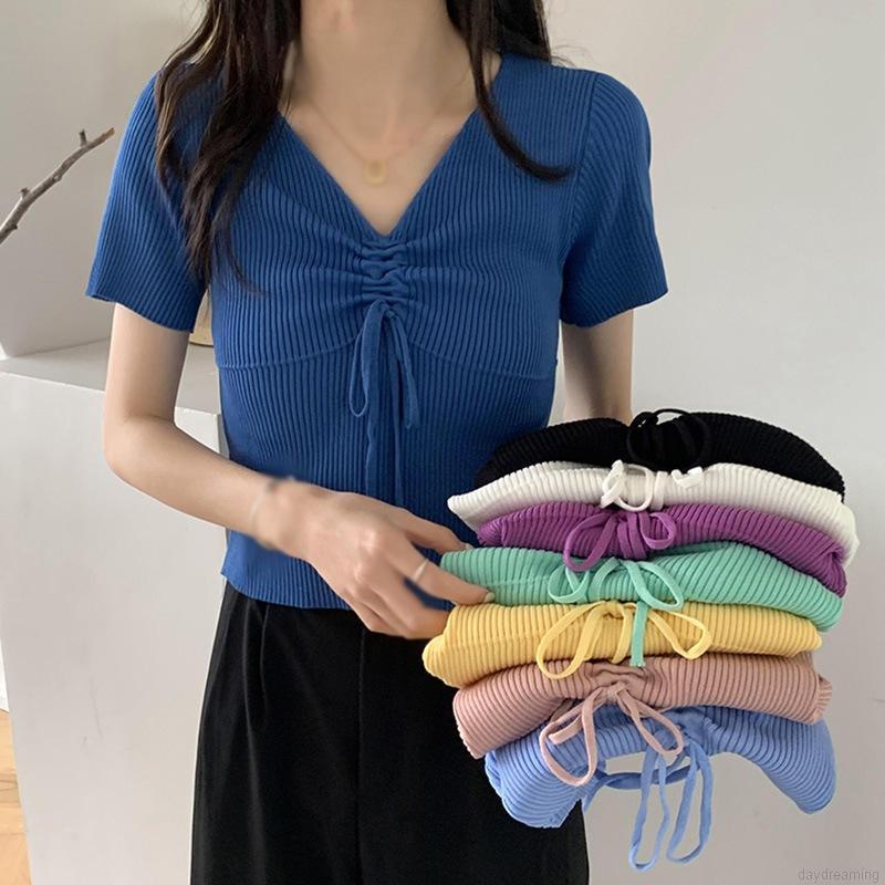 Áo Thun Tay Ngắn Cổ Chữ V Màu Trơn Thiết Kế Đơn Giản Thời Trang Dành Cho Nữ