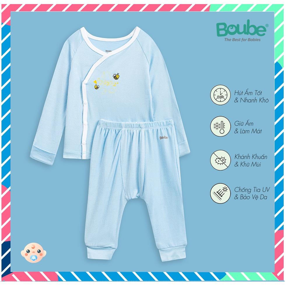 Bộ quần áo dài tay cài chéo, màu xanh da trời BOUBE - Chất liệu Petit mềm mịn, thấm hút tốt - Size Newborn, sơ sinh