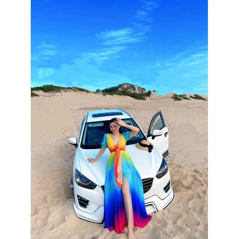 (miễn phí chỉnh váy) đầm maxi màu loang ombre cột nơ ngực xẻ tà đi biển du lịch chụp hình sống ảo cực sang giá rẻ