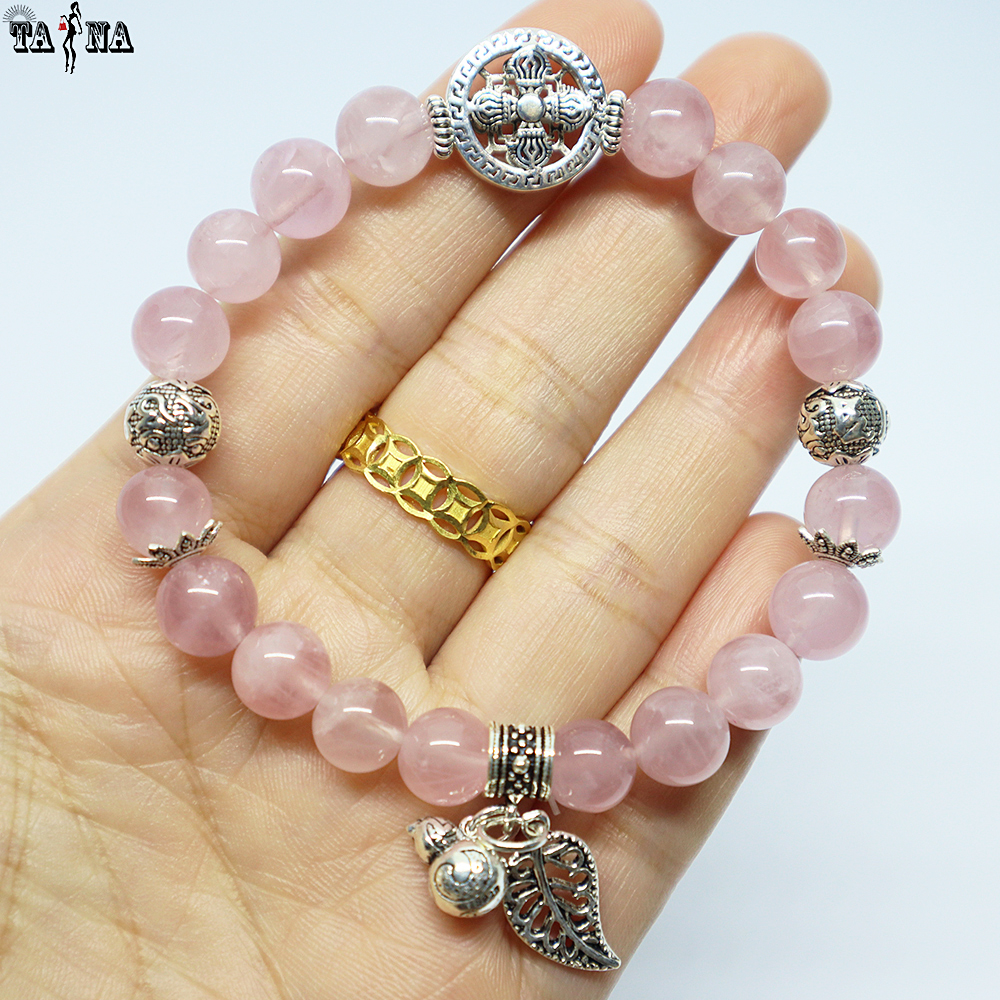 Vòng đá thạch anh hồng 8mm 4A charm bạc 925 cao cấp