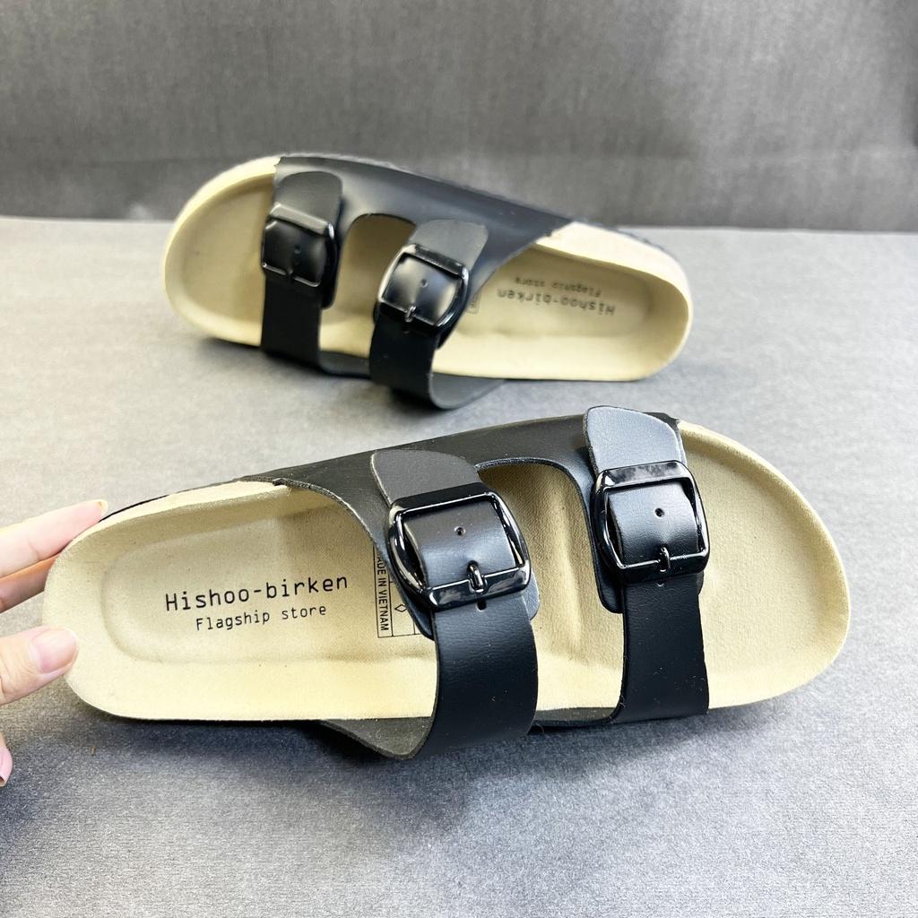 Dép đế trấu birken nam nữ unisex 2 khóa da tổng hợp size 35 - 43 chính hãng Hishoo S093