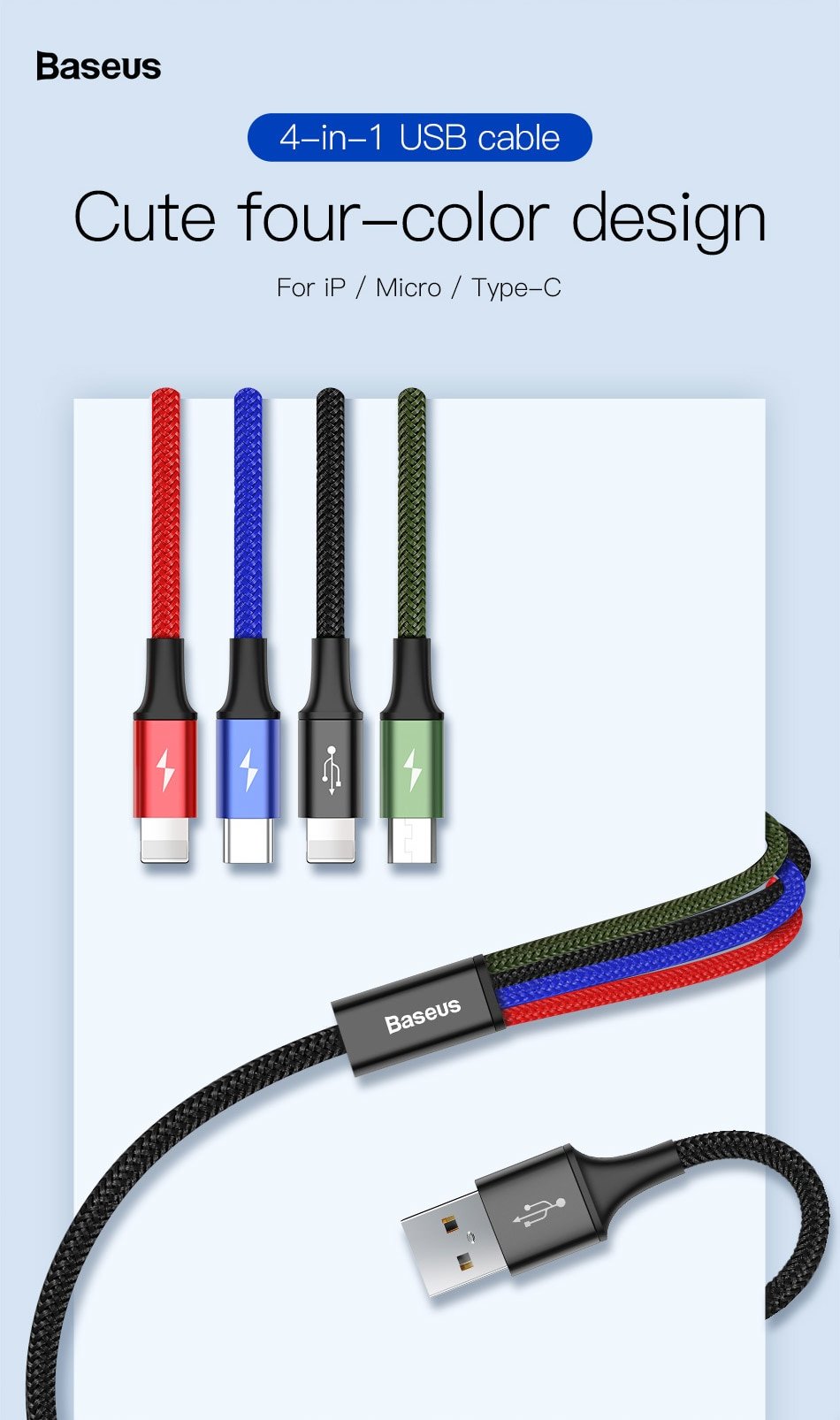 Cáp sạc đa năng 4 trong 1 cho điện thoại/ I-pad CA1T4 3.5A Baseus Rapid Series 4 in 1 cable (3.5A, 1.2M, for I-phone, Type-C, Micro, Fast charge 4 in 1 Cable)2 LIGHT-NING- Hàng chính hãng