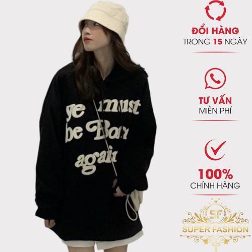 Hình ảnh Áo Hoodies Nữ Chui Đầu Vải Nỉ Dày Nón Lớn 2 Lớp Có Dây Rút In Chữ