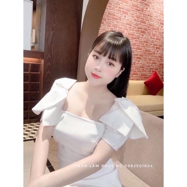 Đầm xoè trắng cổ vuông vai nơ