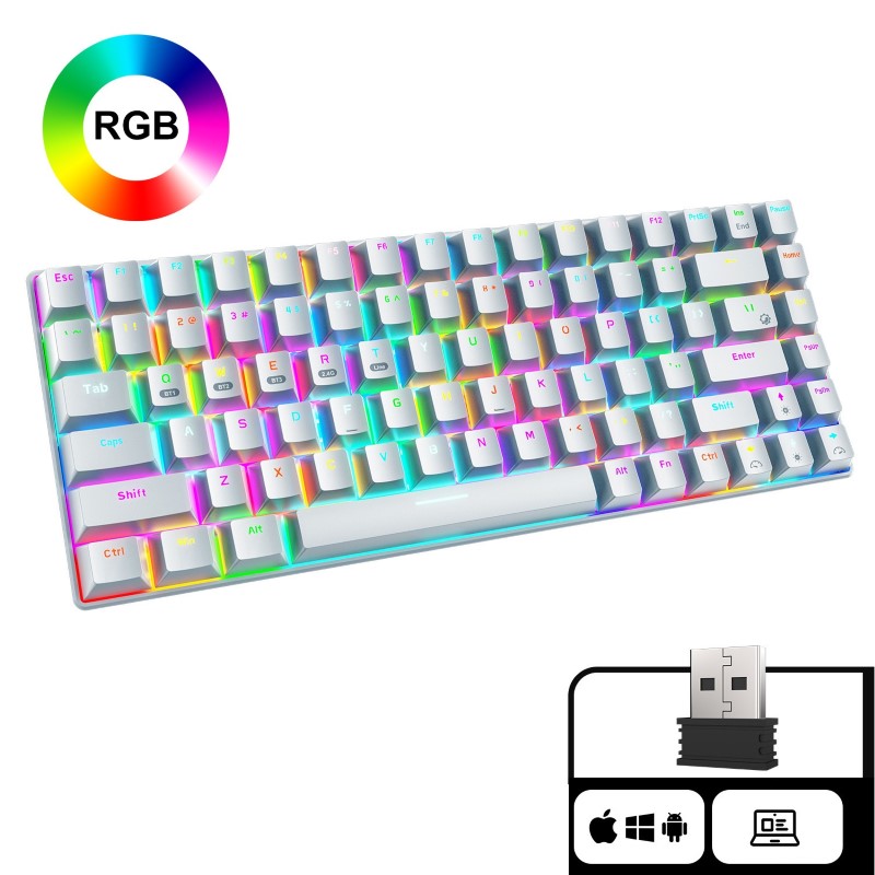 Bàn Phím Cơ không dây mini Đa kết nối RF84 Led RGB White Gaming cho máy tính