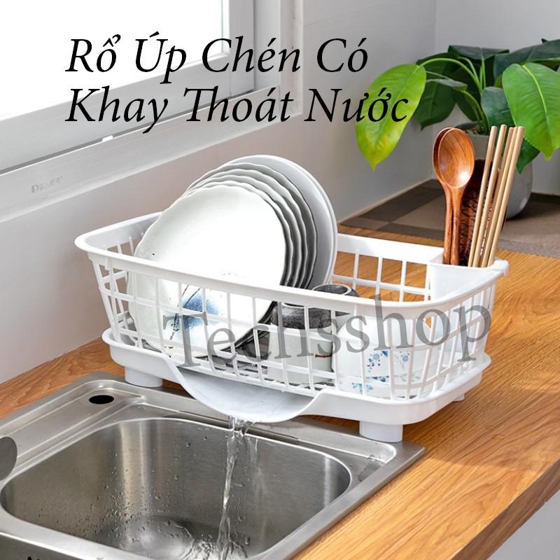 Rổ Úp Chén Bát Ly Có Khay Thoát Nước Kèm Theo Hủ Đựng Muỗng Đũa Tiện Lợi Khi Sử Dụng Rửa Ở Bồn Rửa Chén