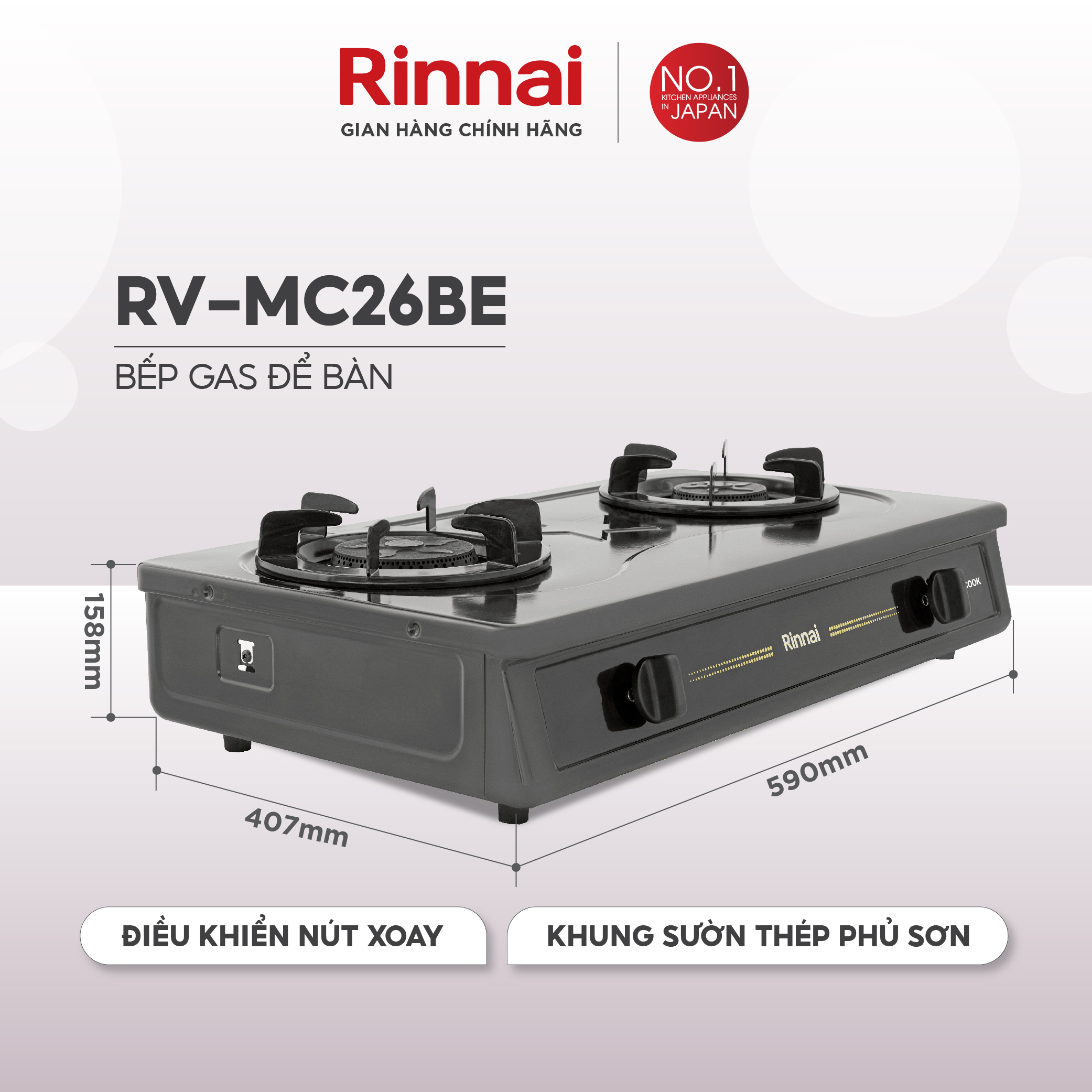 Bếp gas dương Rinnai RV-MC26RS mặt bếp inox và kiềng bếp men - Hàng chính hãng.