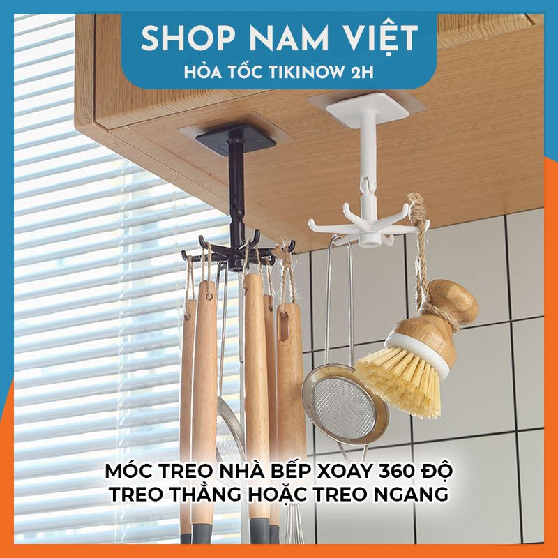 Móc Treo Đồ Nhà Bếp 6 Móc Dán Tường Xoay 360 Độ