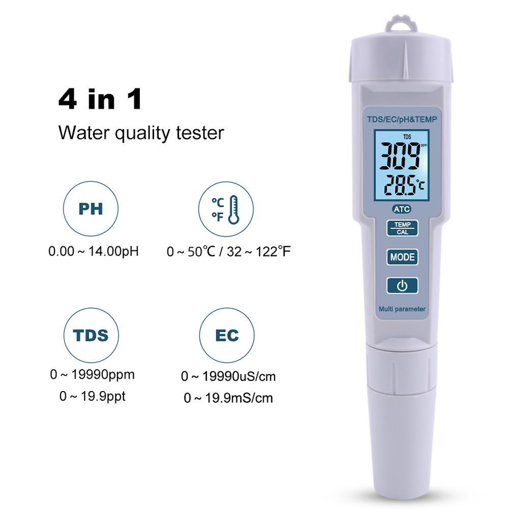 4 in 1 PH/EC/TDS/Temp Meter Water Quality Test Meter High Accuracy Measurement Range LCD Display Measure Tool for