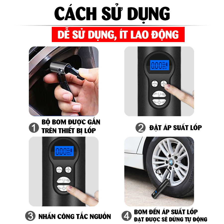 Máy bơm lốp ô tô xe hơi cầm tay mini di động CAR365 CHÍNH HÃNG dùng pin sạc thông minh cao cấp - CAR33