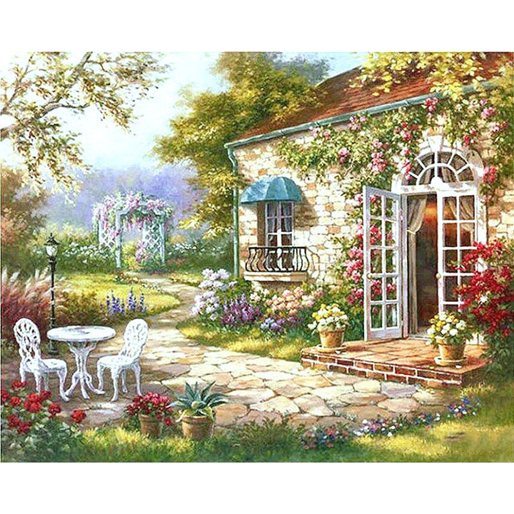 Tranh sơn dầu số hoá tự tô có khung đã căn 40x50 cm - Ngôi nhà hoa nắng