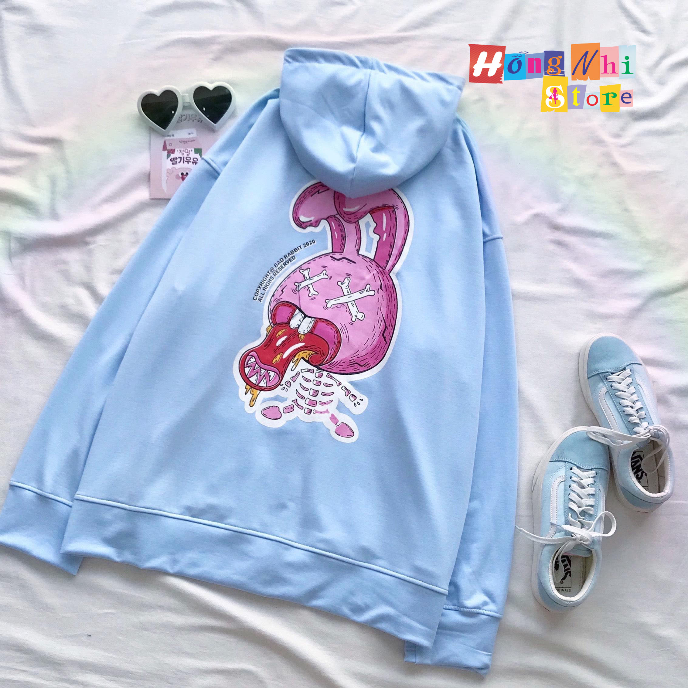 Áo Khoác Hoodie Zip In Hình Thỏ Hồng Oversize Ulzzang Unisex Dáng Rộng - MM