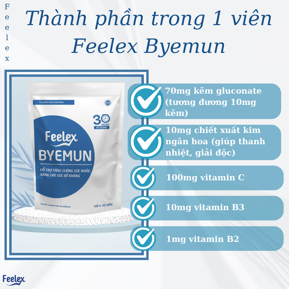 Viên uống Feelex Byemun Giảm Mụn viêm, Ẩn, Thâm, Đầu Đen Cho Da Dầu Mụn Bổ sung Kẽm ZinC,vitamin C gói 30 viên