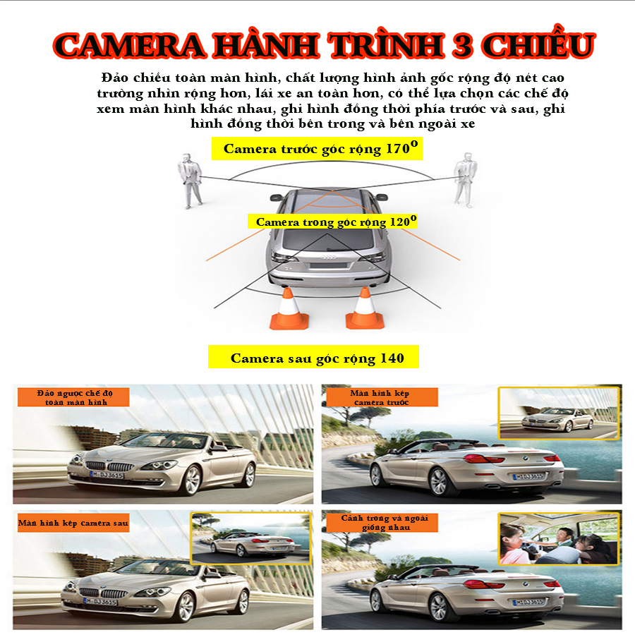 Camera hành trình ô tô 3 chiều CAR365.VN Chính Hãng Màn full HD 1080 kèm cam sau chống nước góc quay siêu rộng 170 độ - CAR21