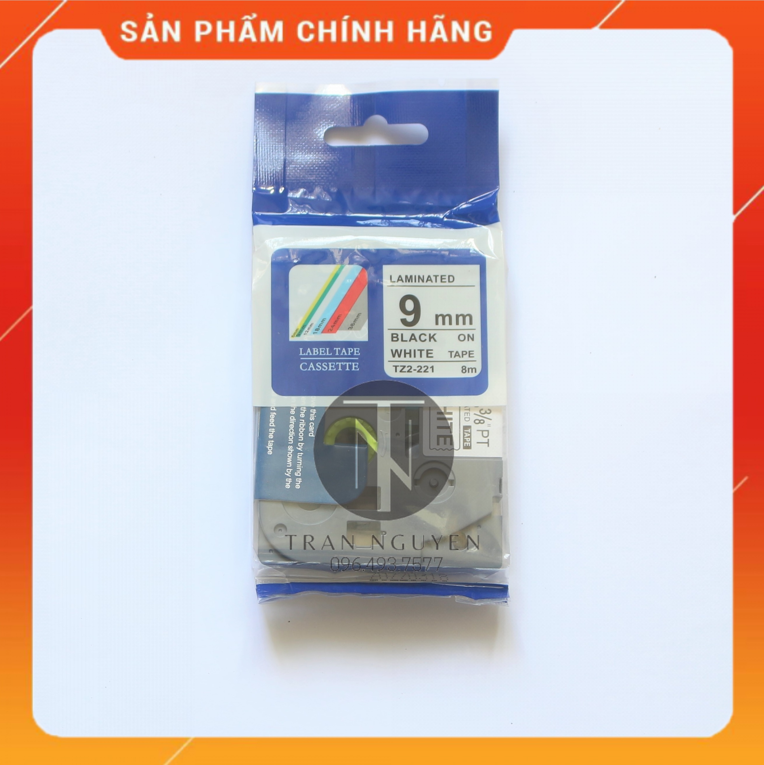 [ Combo 05 cuộn] Nhãn TZ2-221 tiêu chuẩn - Chữ đen trên nền trắng 9mm - Hàng nhập khẩu