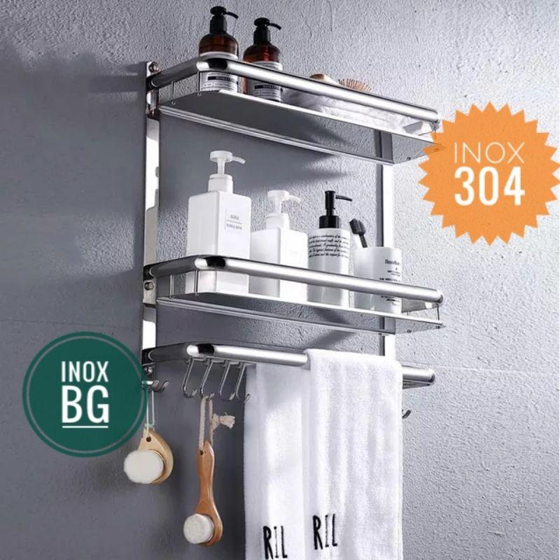 Kệ để đồ nhà tắm 3 tầng có móc treo và thanh treo khăn