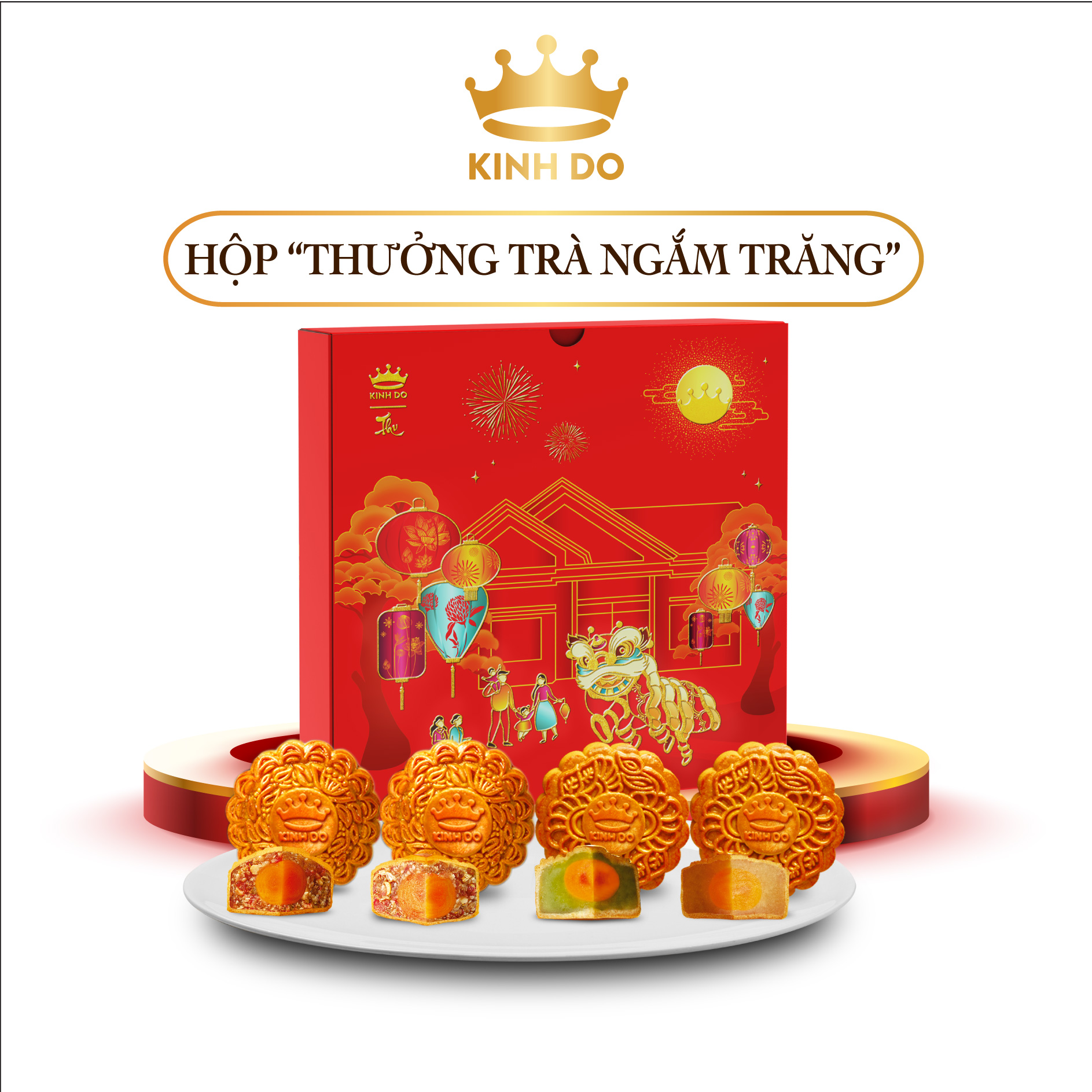 Tặng lồng đèn giấy - Hộp 4 bánh trung thu Kinh Đô &quot;Thưởng Trà Ngắm Trăng&quot; (4 bánh x 210g)