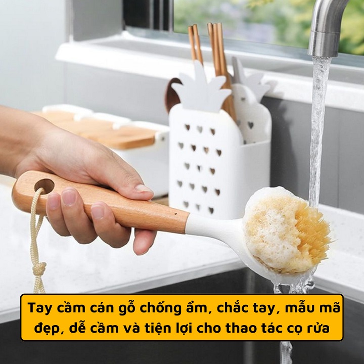 Bàn Chải Chà Xoong Nồi / Niêu / Chảo Đa Năng Cán Gỗ  Có Móc Treo Tiện Lợi 25cm