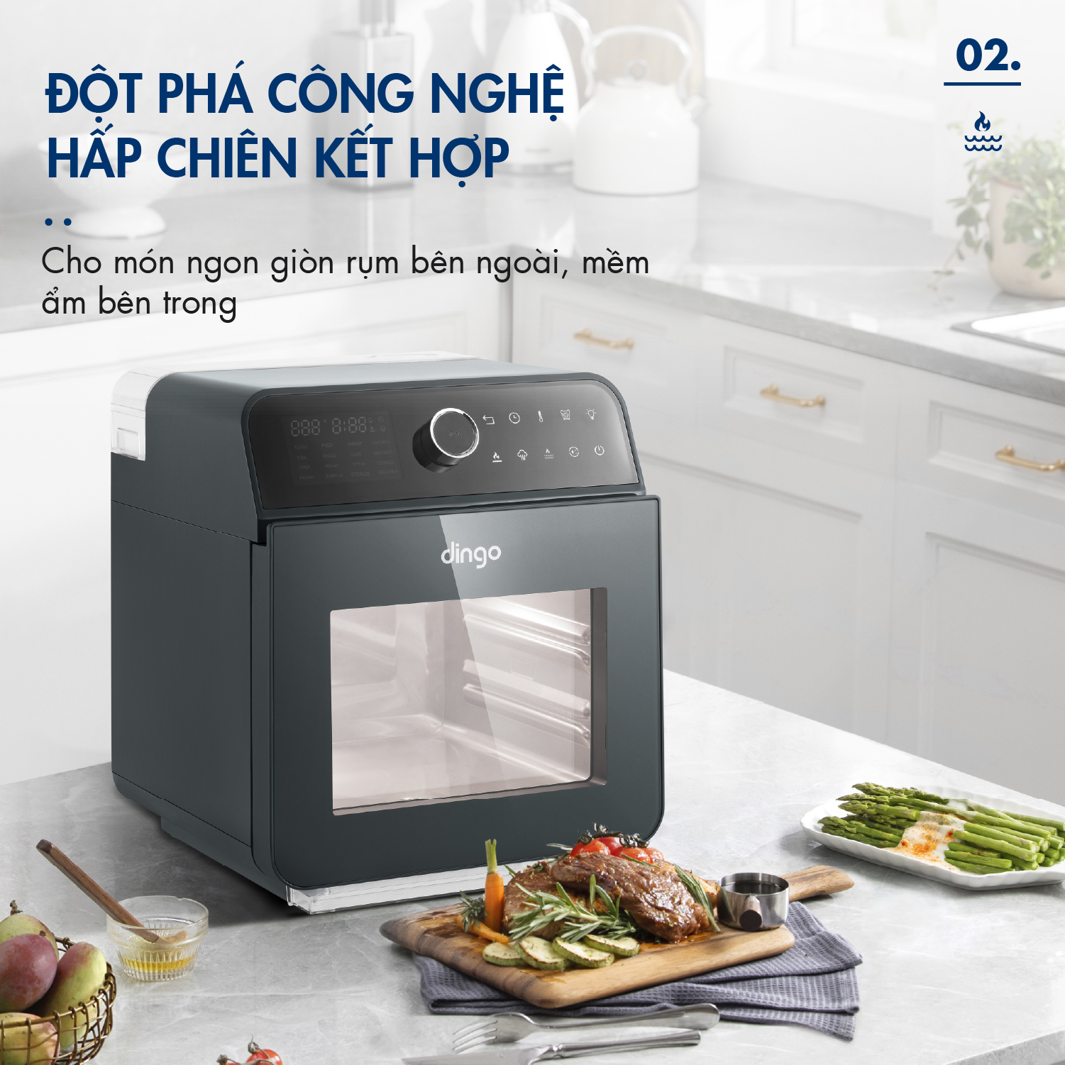 Nồi Chiên Hơi Nước DINGO DSF16 – Công Nghệ Mới Hấp Chiên Kết Hợp – Dung tích 16L – Công Suất 2250W