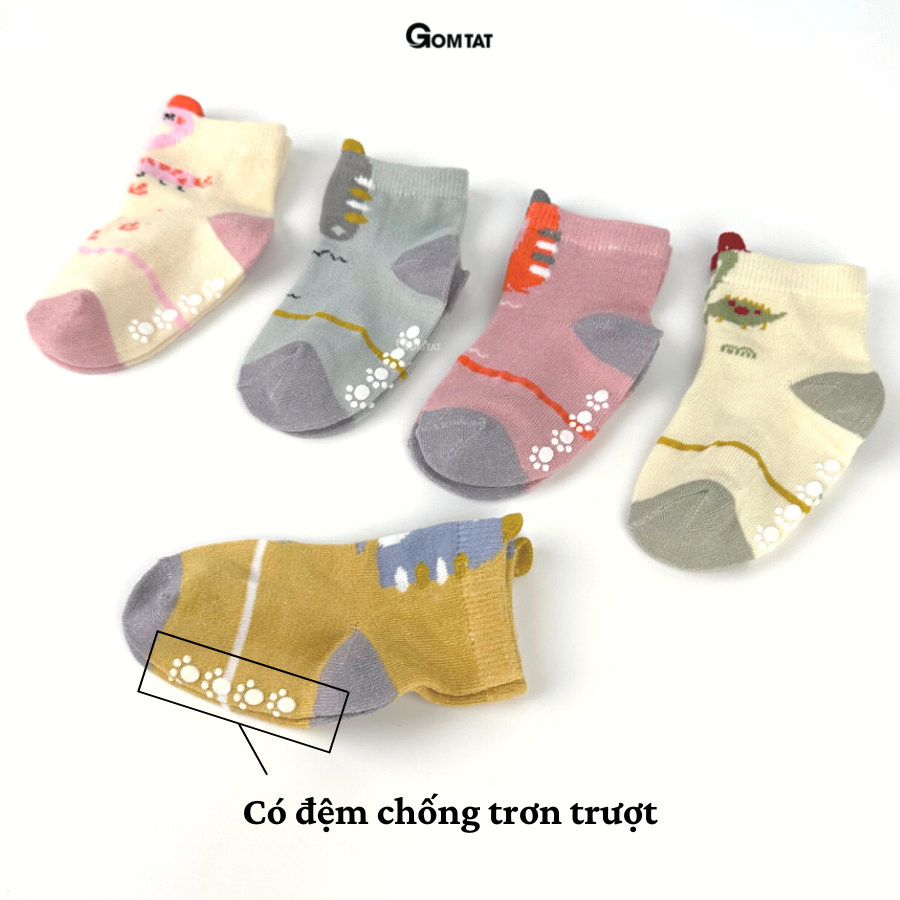 Set 5 đôi vớ cho bé gái hình khủng long dễ thương, tất trẻ êm chân có đệm cao su chống tuột gót - LISU-TREEM-NU04