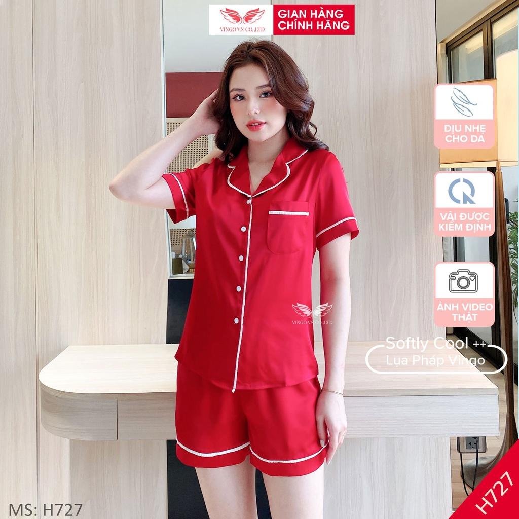 Đồ bộ nữ mặc nhà Pijama lụa Pháp trơn VINGO tay ngắn quần đùi phối viền xếp ly dáng suông thoải mái mặc mùa Hè H727 VNGO