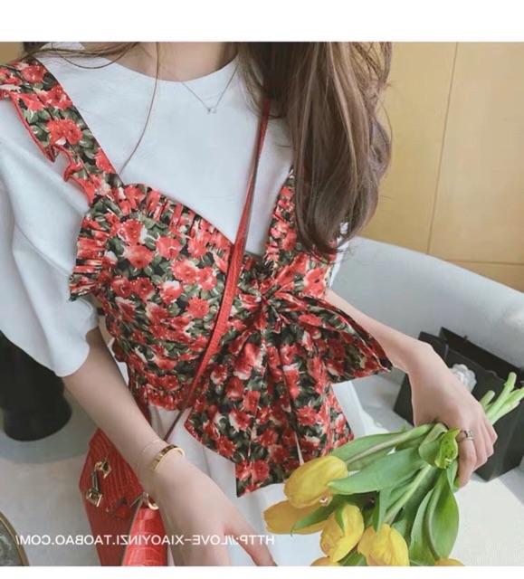 Set áo yến hoa mix đầm suông trắng