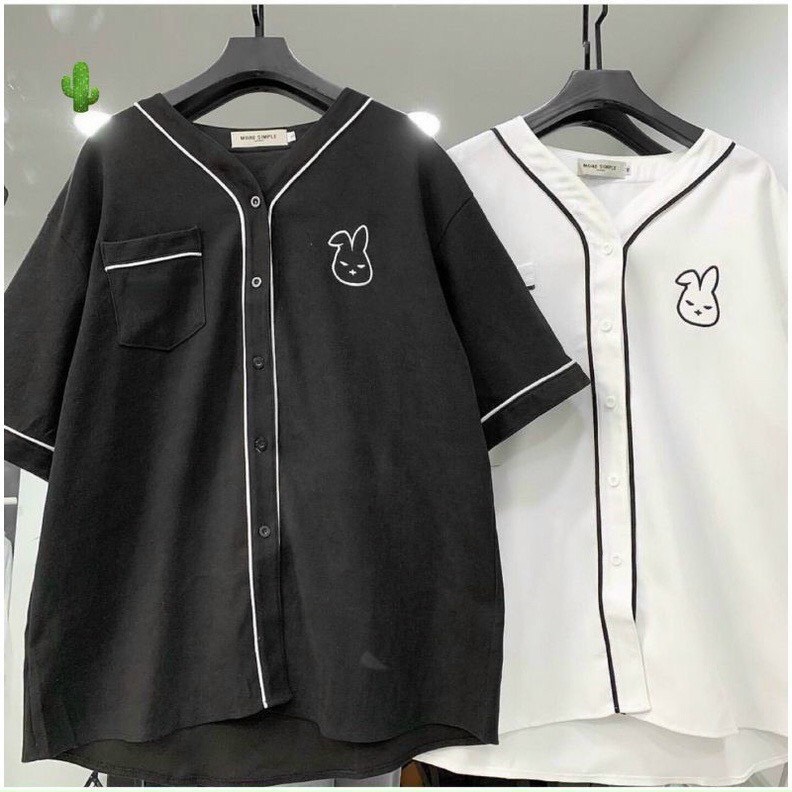 Áo sơ mi nữ tay ngắn form rộng unisex style Ulzzang Girls, áo cuban shirt, Áo Sơ Mi Tay Lỡ BUNNY Vải Kaki lụa Chéo Form Rộng Ulzzang Unisex, Áo phông cổ tim chạy viền logo thêu thỏ form rộng dài unisex kiểu Hàn Quốc