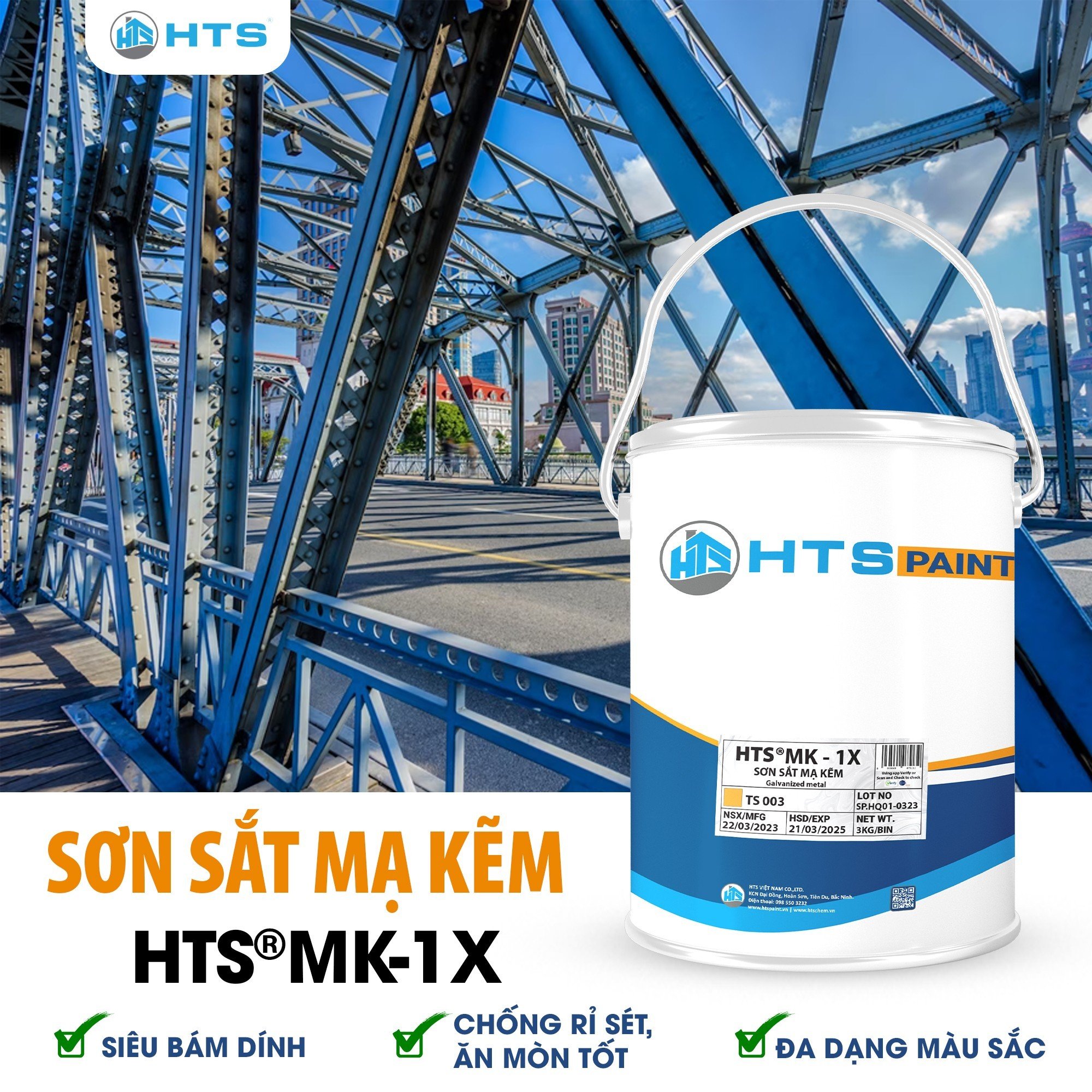 Sơn sắt mạ kẽm HTS MK-1X thùng 3 Kg - Đa dạng màu, Độ bền cao, Chống rỉ tốt