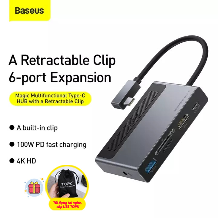 (Tặng kèm túi đựng USB tai nghe TOPK) Hub chuyển đổi Baseus 6 trong 1, hỗ trợ thẻ TF, SD, sạc nhanh PD 100W, hình ảnh 4K sắc nét,... sử dụng cho điện thoại, máy tính bảng, laptop,... Hàng chính hãng