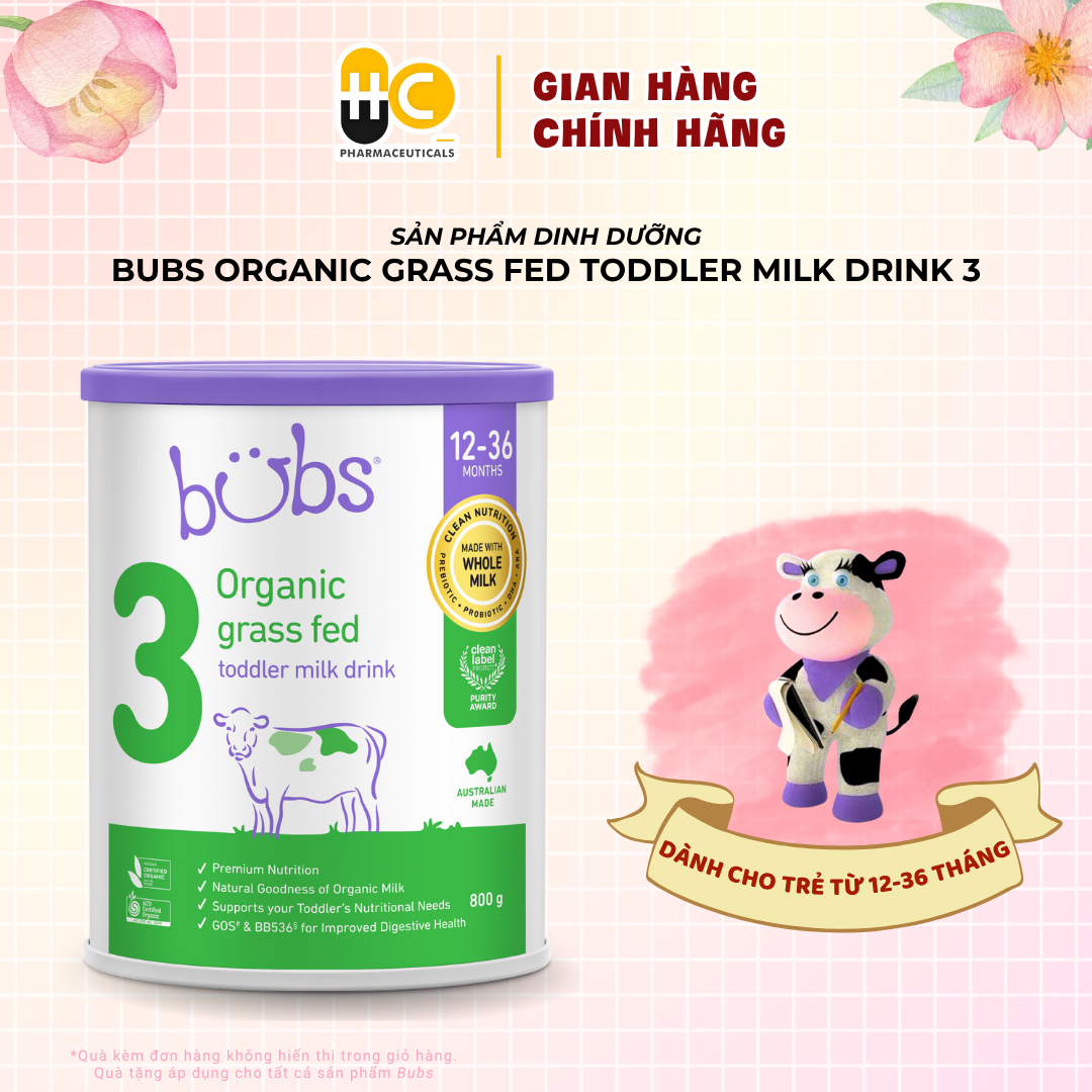 Sản phẩm dinh dưỡng công thức hữu cơ Bubs Organic Grass Fed Toddler Milk Drink 3 (12–36 tháng tuổi) – 800g