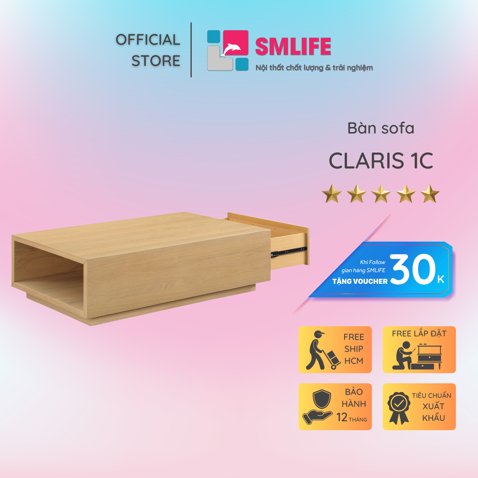 Bàn sofa gỗ sồi hình chữ nhật có hộc kéo sang trọng SMLIFE Claris 1C | D122,0 x R76,2 x C36,8cm | gỗ Cao Su và Veneer Sồi