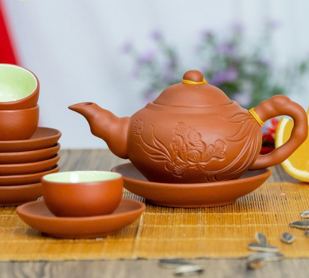 Bộ Ấm Trà Tử Sa Khắc Lá Trúc Cao Cấp – 1 Ấm 6 Chén 6 Đĩa, Phong Cách Trà Đạo, Quà Tặng Sang Trọng - HÀNG CHÍNH HÃNG MINIIN