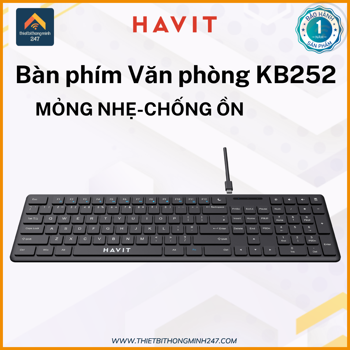 Bàn phím văn phòng có dây HAVIT KB252 Full-size 108 phím Cổng USB 1.5m Đen Hàng Chính Hãng