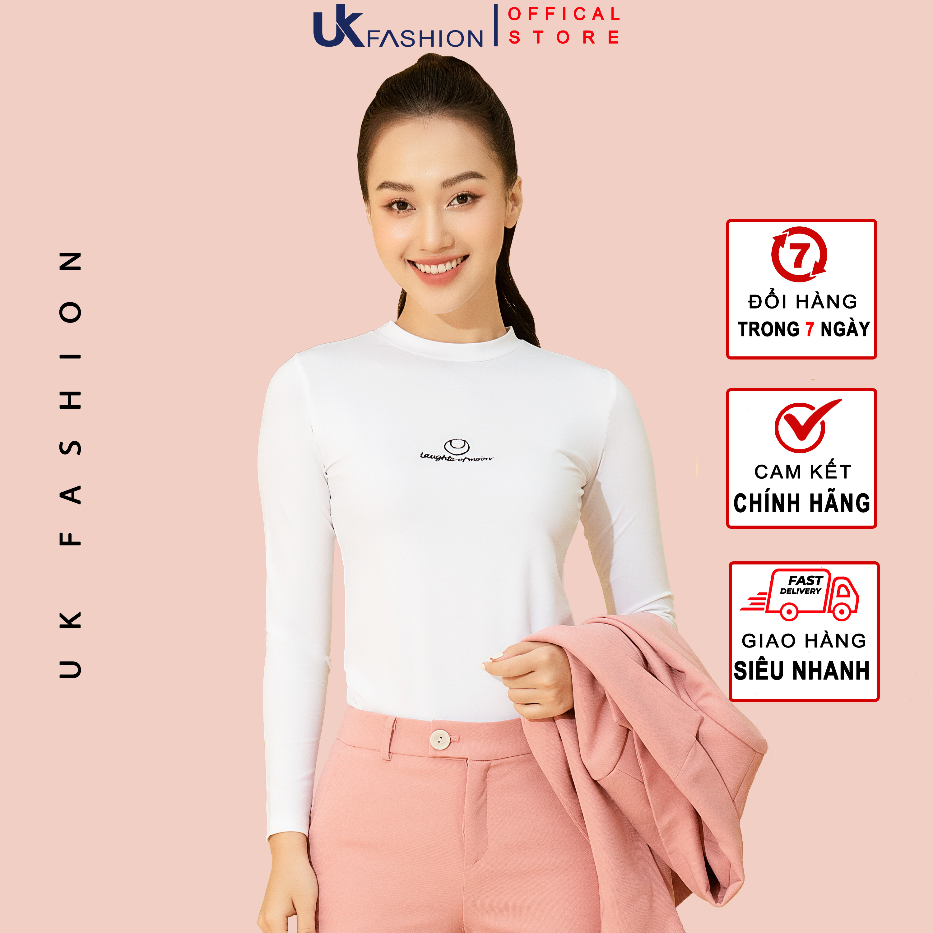 Áo Thun Nữ Dài Tay UK FASHION Dáng Ôm Cổ Cao Thêu Hình, Chất Liệu Cotton Mềm Mịn, Co Giãn NKAT2011021