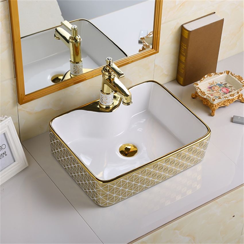 Lavabo để bàn màu vàng gold vân sọc phong cách hoàng gia