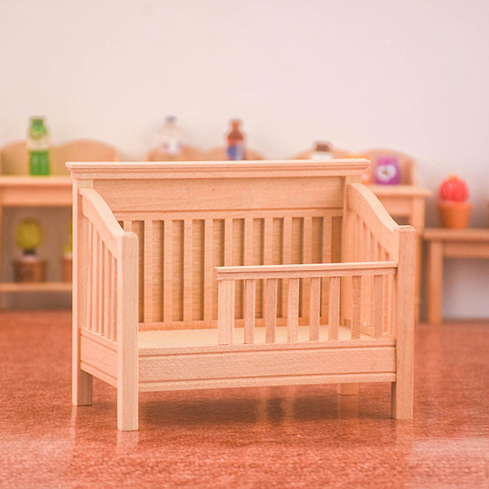1:12 Scale Wooden Doll House Baby Bed, Mini Furniture, Handcrafted Unpainted for Micro Landscape
