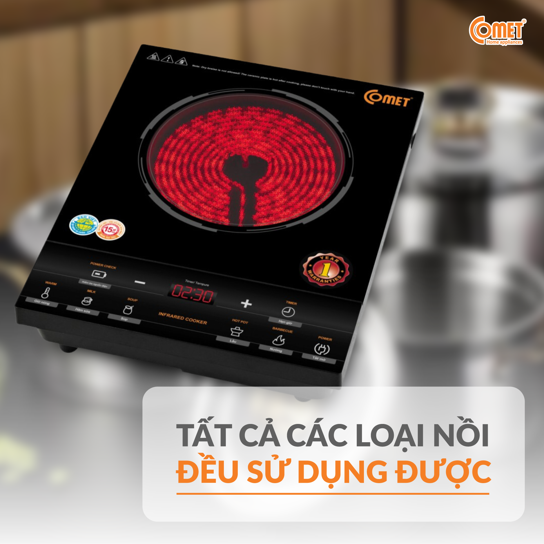 Bếp Hồng Ngoại Cảm Ứng Comet CM5536 – Hàng chính hãng -  Công Suất 2000W, Mặt Kính Chịu Lực, Đa Chức Năng, Bảo Hành 12 Tháng