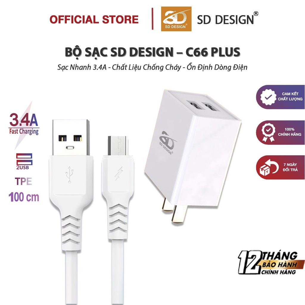 Bộ Củ Sạc Nhanh 3.4A C66 Plus 2 cổng USB SD Design hỗ trợ sạc các dòng điện thoại, Bảo hành 1 đổi 1